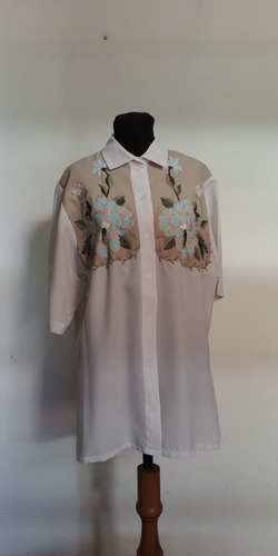 Camisa Vintage De Mujer Blanca Con Flores Bordadas T.l