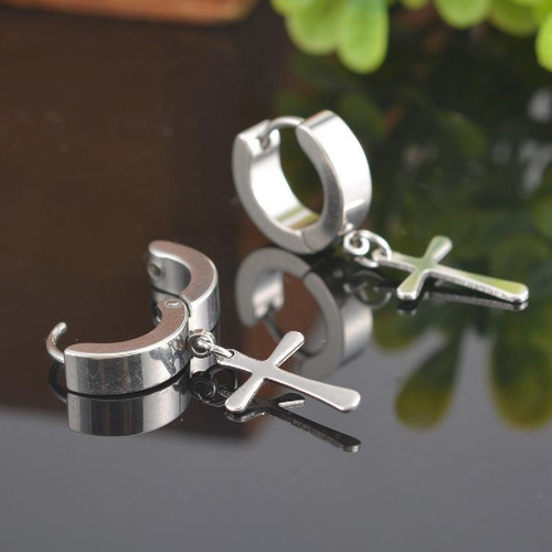 Aros Colgantes Cruz De Acero Inoxidable Set X 2 Unidades