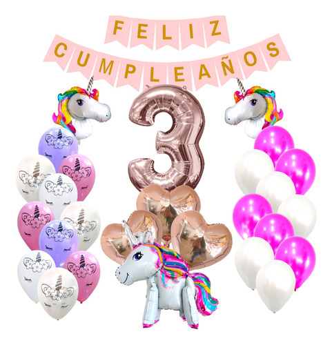 Combo Kit Deco Fiesta Globos Unicornio 3d 2