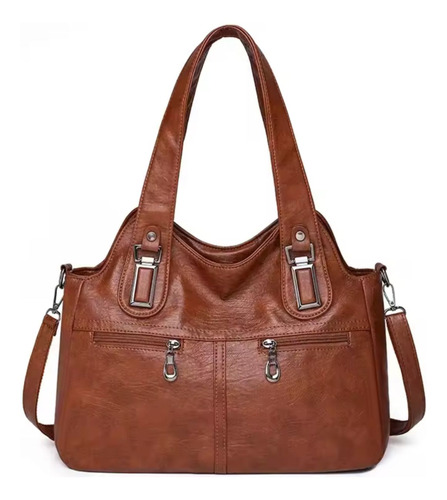 Cartera Bolso De Mujer Grande Estilo Básico De Eco Cuero Marrón Liso Cromado Marrón