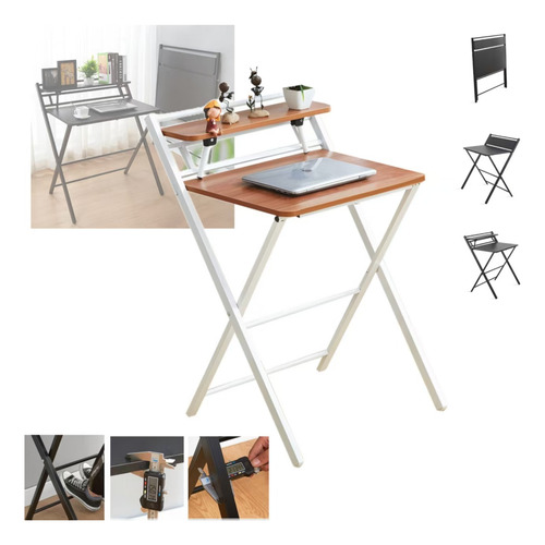 Escritorio Plegable 80x45 Mesa Estante 2 Niveles Minimalista