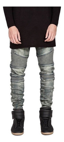 Jeans Biker Hombres Moda Slim Con Arrugado Diseño