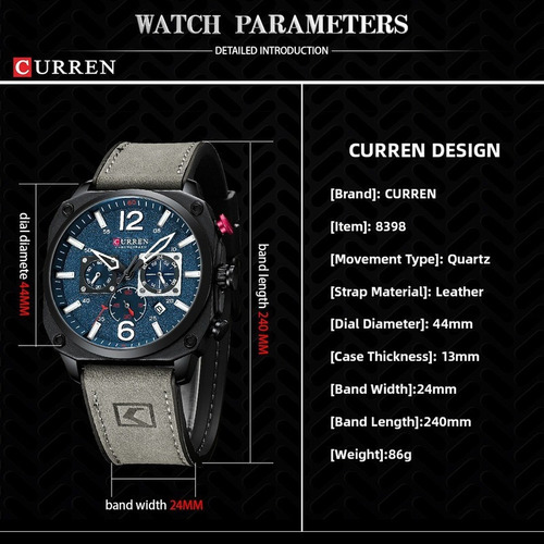 Relojes de cuarzo de cuero de lujo Curren para hombre 8398 con fondo azul
