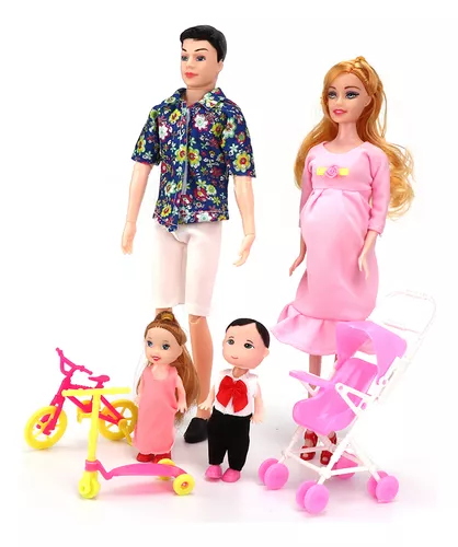 Boneca Barbie Grávida E Família Carrinho E Papai Mamãe Filho