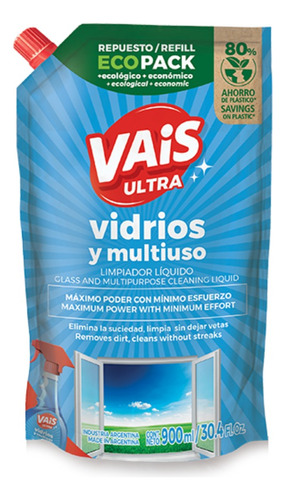 Limpia Vidrios Y Multiuso Líquido Repuesto X 900 Ml Vais 