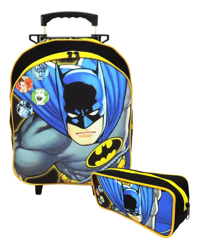 Mochila Infantil Escolar Rodinhas M Batman Morcego + Estojo 