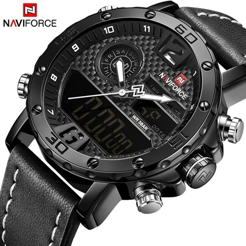 Relógio Masculino Esportivo Militar Aço Inox Couro Naviforce