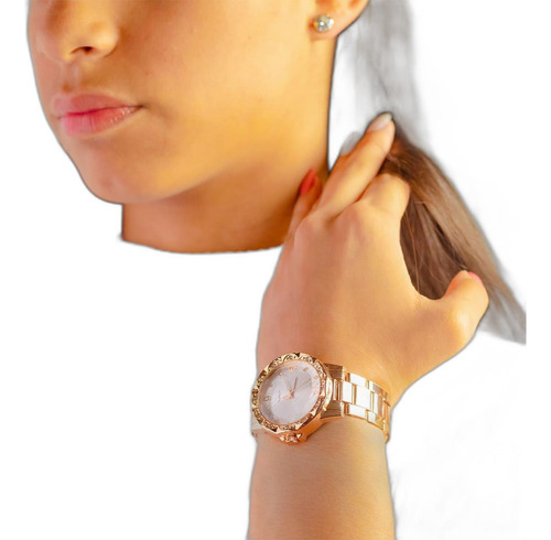Relógio Quartz Feminino Aço Inoxidavel Rose Com Garantia