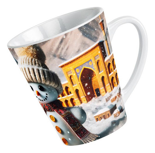 Taza Cónica Mono De Nieve Con Gorro Y Bufanda En Mini Ciudad