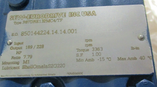 Sew Eurodrive R67dre132mc4/tf 10 Hp, 7.79:1 Ratio, 189 R Ccd