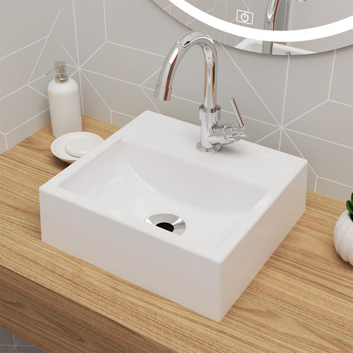 KIT Cuba Pia De Apoio Quadrada 32x30cm Topázio Para Banheiro Com Torneira E Válvula Cromada Beltempo