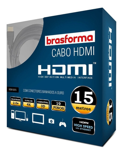 Cabo Hdmi Brasforma 2.0v 4k 3d 19 Pinos - 15mts
