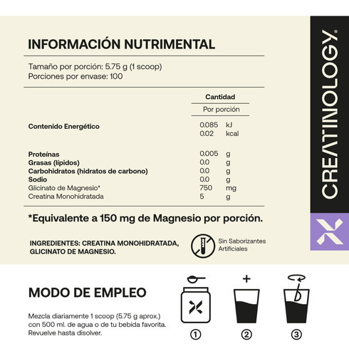 Imagen 3 de 5 de Creatina Monohidratada Polvo Creatinology Magnesio 575g Sabor Sin Sabor