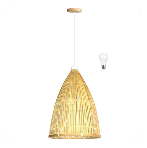 Pendente Fibra Natural Bambu Restaurante Boho Nat42 + Led