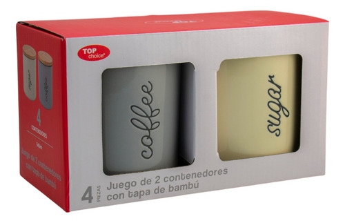2 Contenedores De Porcelana Café Y Azúcar Con Tapa Bambú Color Gris