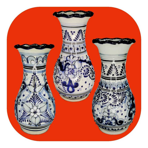 3 Floreros De Talavera Poblana Boliche Azul 24x13 Cm Flt