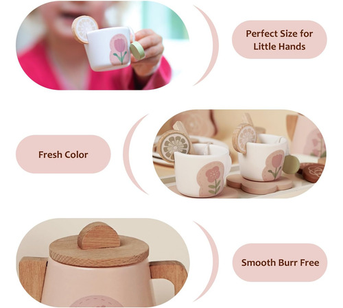 Set De Té De Juguete Smartwo 27 Piezas De Madera, Rosa