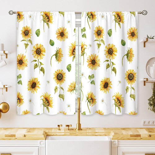 Oolygoo Cortinas De Cocina Rústicas De Girasol Amarillo, Flo