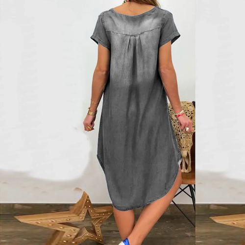 Vestido Casual De Manga Corta Con Cuello En V De Mezclilla 2