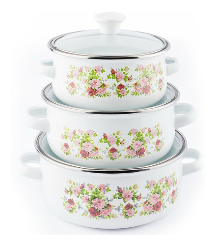 Imagen 1 de 9 de Set De 3 Ollas Tapa Cristal Porcelanadizado Hot Spot Vintage
