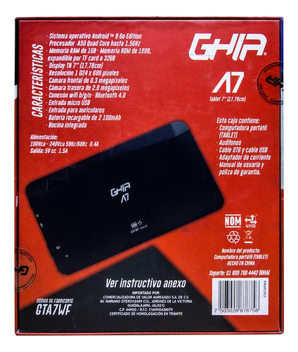 Tablet Ghia 7 Pulgadas A7 Rom 1gb Ram 16gb Wf Bt Android 9 Negro