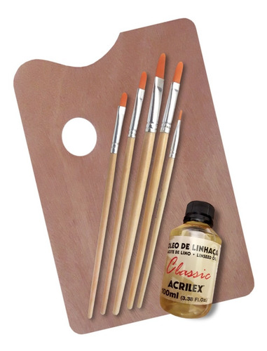 Paleta Pintor Madera, Pinceles Y Aceite Lino Acrilex 100ml.