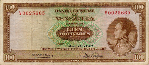 Billete 100 Bolívares 18 De Marzo 1969 Serial V7