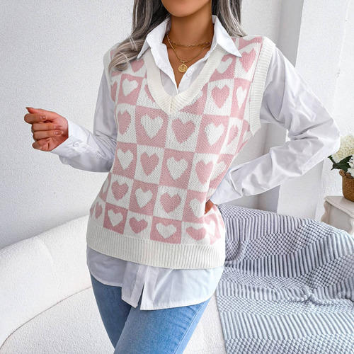 Chaleco De Punto Sweet Love Pattern Para Mujer Con Cuello En