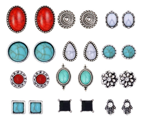 Boho Color Crystal Stone Stud Pendientes Set Retro Silver De