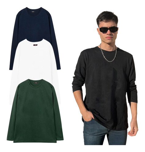 Pack X3 Remera Manga Larga Lisa Hombre Algodón