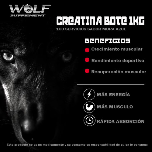 Suplemento Creatina Monohidratada Wolf 1 Kg 100 Servicios Mora Azul