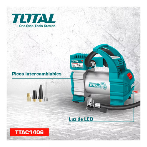 Imagen 4 de 5 de Compresor De Aire Inflador Portatil 12v 140psi Auto Total TTAC1406 + 3 Boquillas adaptables