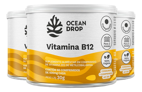 Kit 3 Vitamina B12 Metilcobalamina 500 Mg 60 Tabs Ocean Drop Sabor Sem Sabor