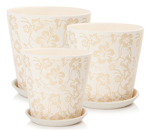 3 Vasos Cachepot Com Pratos Decorado Porcelana Creme Pozzani