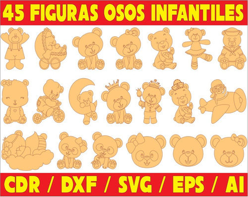 Pack De Vectores Corte Laser- Figuras Osos Infantiles 