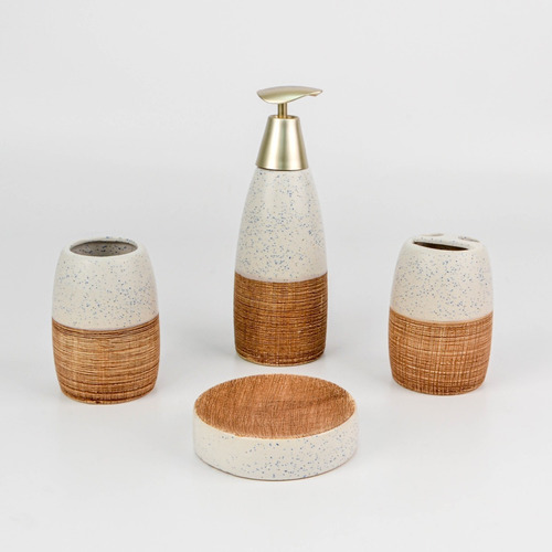 Set De Baño X4 Rustica De Ceramica Estilo Piedra 