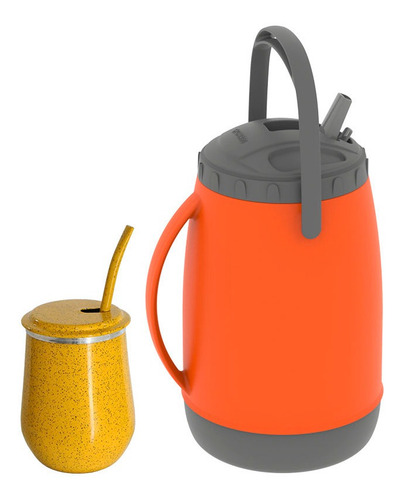 Imagem 1 de 2 de Kit Tereré Vino Garrafa Copo Térmico Bomba Laranja E Amarelo