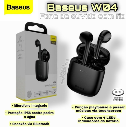 Fone de ouvido in-ear sem fio Baseus W04 Pro black com luz LED