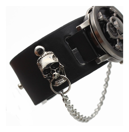 Reloj Calavera Hombre Caballero Punk 2 Calaveras Y Cadena * Correa Negra Bisel Acero Fondo Negro/letras Blancas