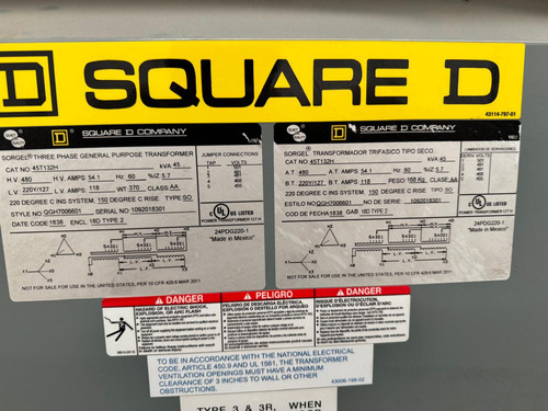 Transformador Seco 45kva Square D 480 A 220 (Usado)