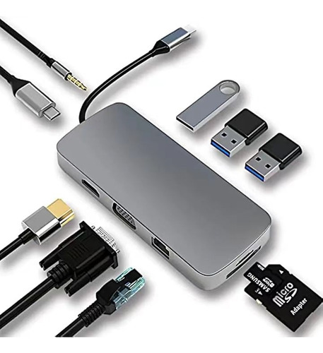 Tipo C Hub 10 En 1 Adaptador Usb C A Hdmi Vga Con Ethernet