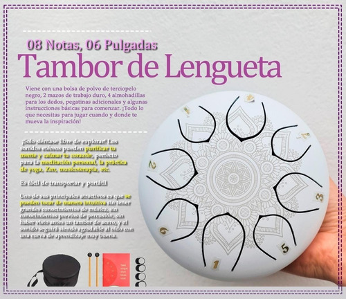 Tambor De Lengueta Blanco Mandala 08 Notas, 06 Pulgadas