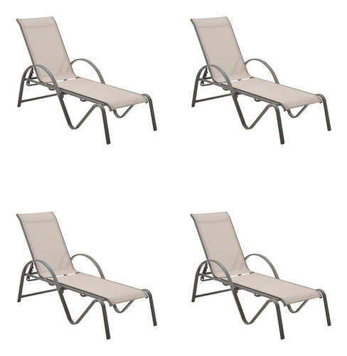 Kit 4 Chaise Búzios Amêndoa Alumínio Tela Bege