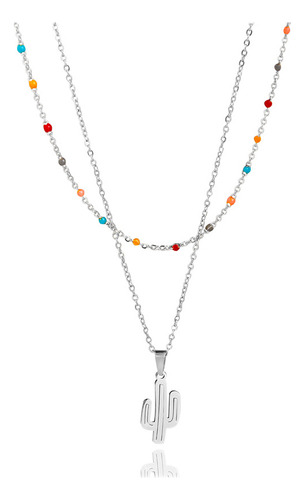 Collar Con Colgante De Cactus Simple De Doble Capa Y Cadena