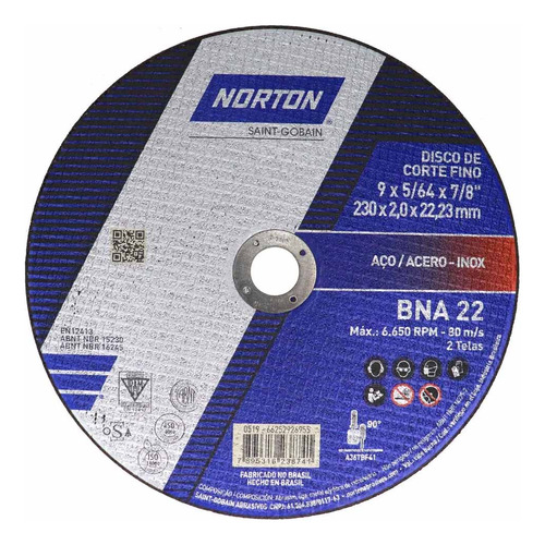 Disco Para Inox 9 X 2,0 Mm X 7/8 Bna22 10 Unidades - Norton