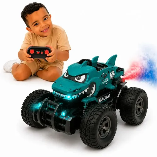 Carrinho de Controle Remoto Brinquedo Off Road Tubarão Led Solta Fumaça 2.4Ghz Shark Attack Verde