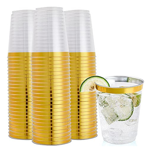 100 Pack Gold Rimmed Plastic Cups 10oz Clear Plastic Cu..