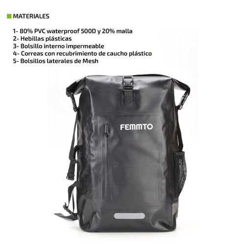 Imagen 8 de 9 de Mochila Estanco De Aire Libre 25 Lts Femmto Mochilero Viaje Color Negro