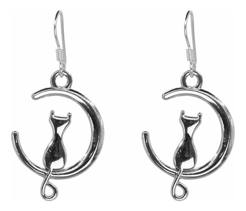 Aros De Plata 925 Luna Y Silueta De Gato