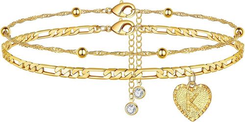 Heart Ankle Bracelets For Women, 14k Gold Filled Layered Fig